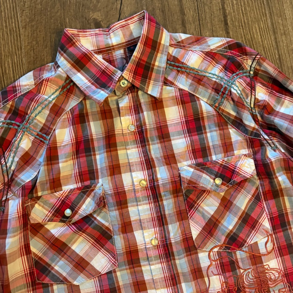Platini Western Pearl Snap‎ Button Shirt Red Plaid Embroidered Lion Mens Medium